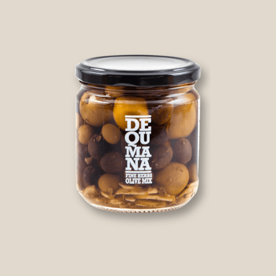 Dequmana Natural Olive Mix Fine Herbs w/ Pits, 12 oz Jar - The Spanish Table