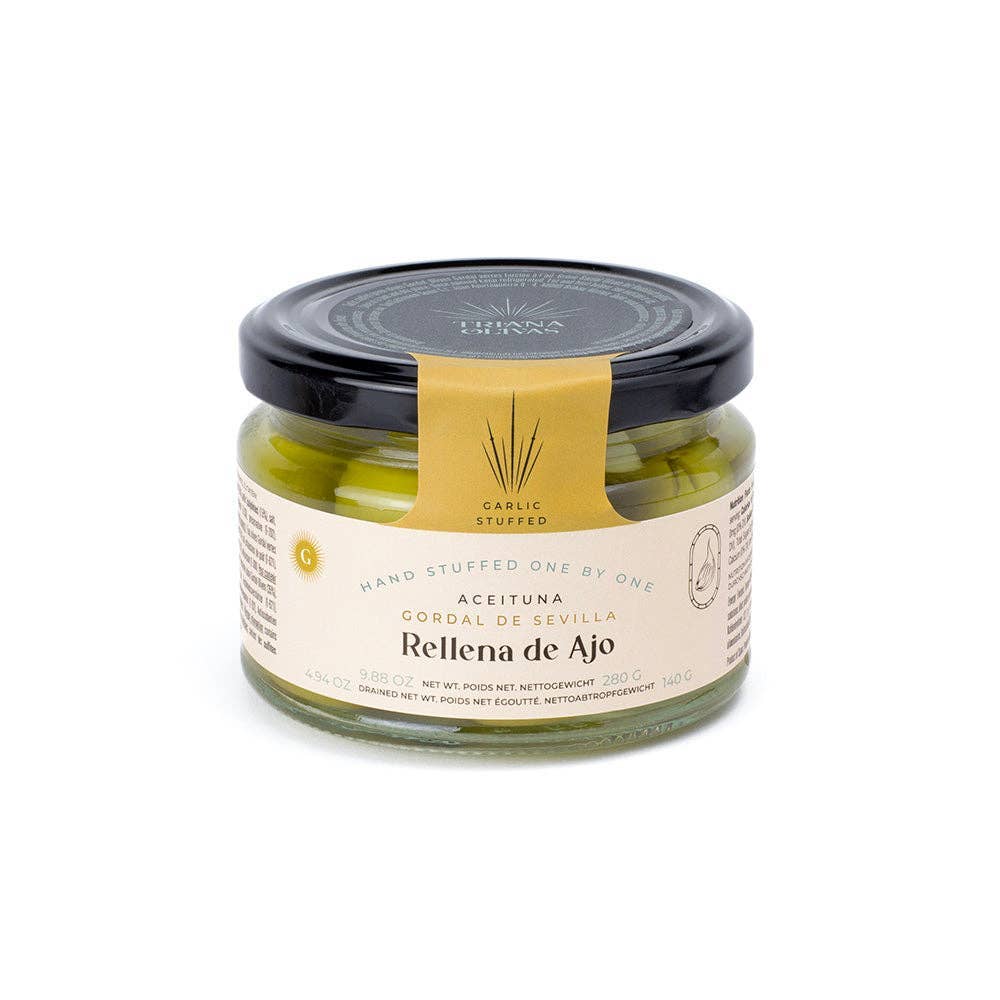 Triana Olivas. Gordal Olives from Seville Stuffed w/ Garlic - The Spanish Table