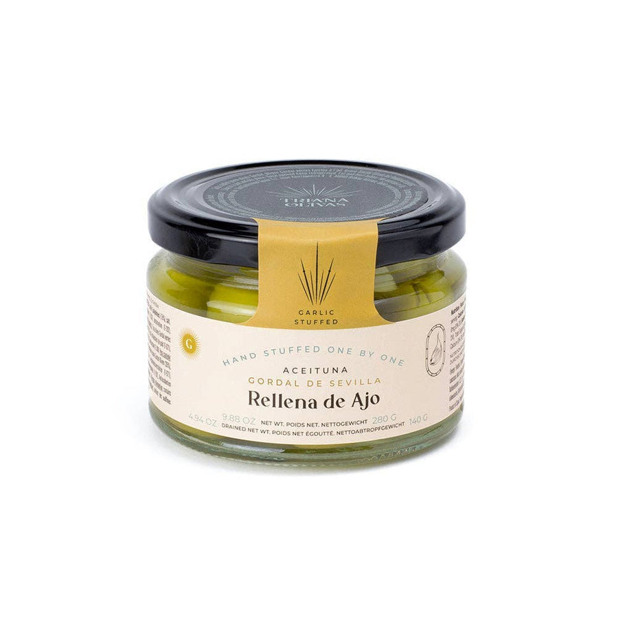 Triana Olivas. Gordal Olives from Seville Stuffed w/ Garlic - The Spanish Table
