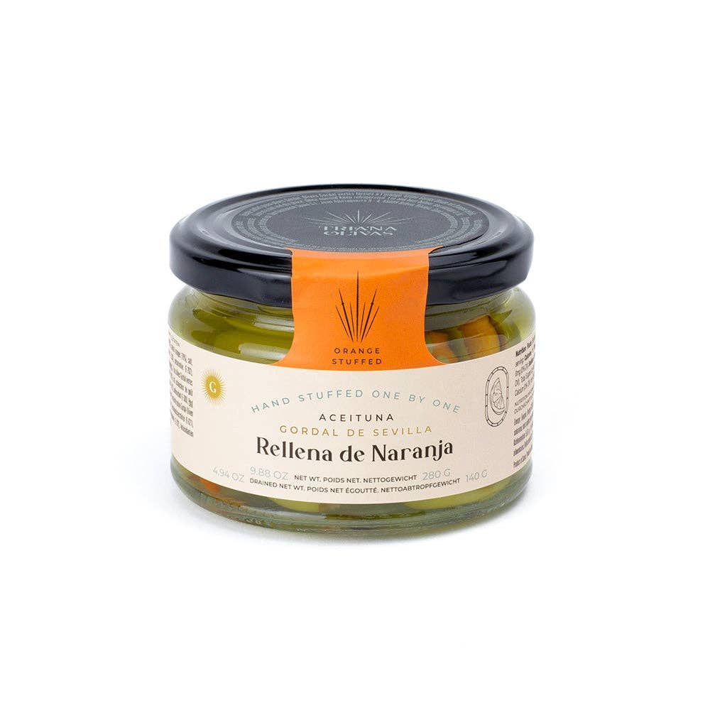 Triana Olivas. Gordal Olives (Seville) Stuffed with Orange - The Spanish Table