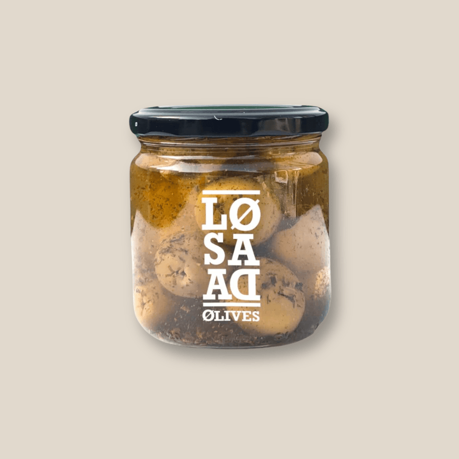 Losada Pitted Gordal Olives w/ Spanish Seasoning, 12 oz Jar - The Spanish Table
