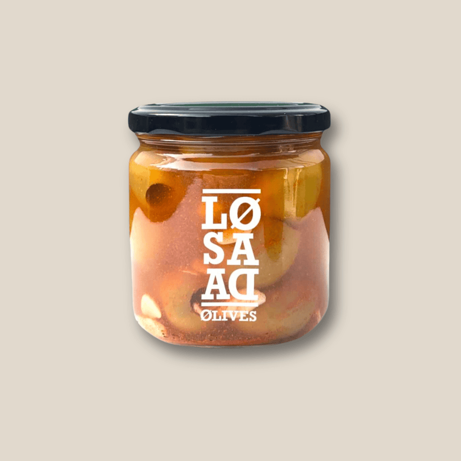Losada Pitted Gordal Olives w/ Harissa Dressing, 12 oz Jar - The Spanish Table