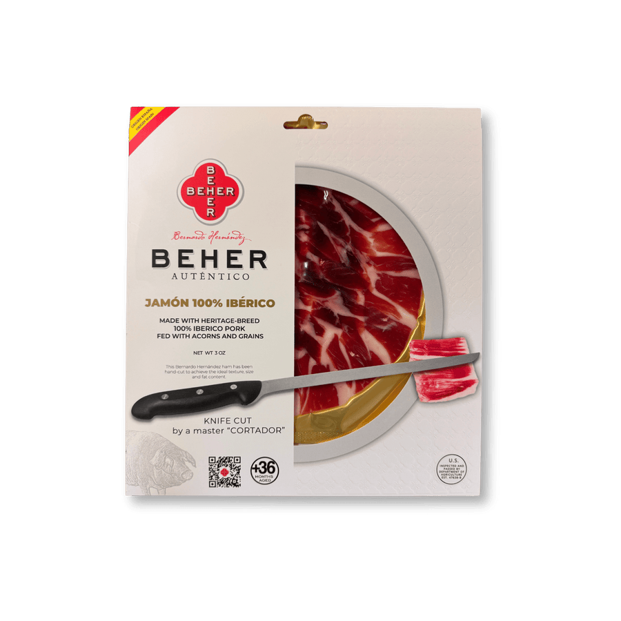 Beher Jamon Iberico de Bellota (Acorn), Hand Sliced 3 oz Plate Retail Pack - The Spanish Table
