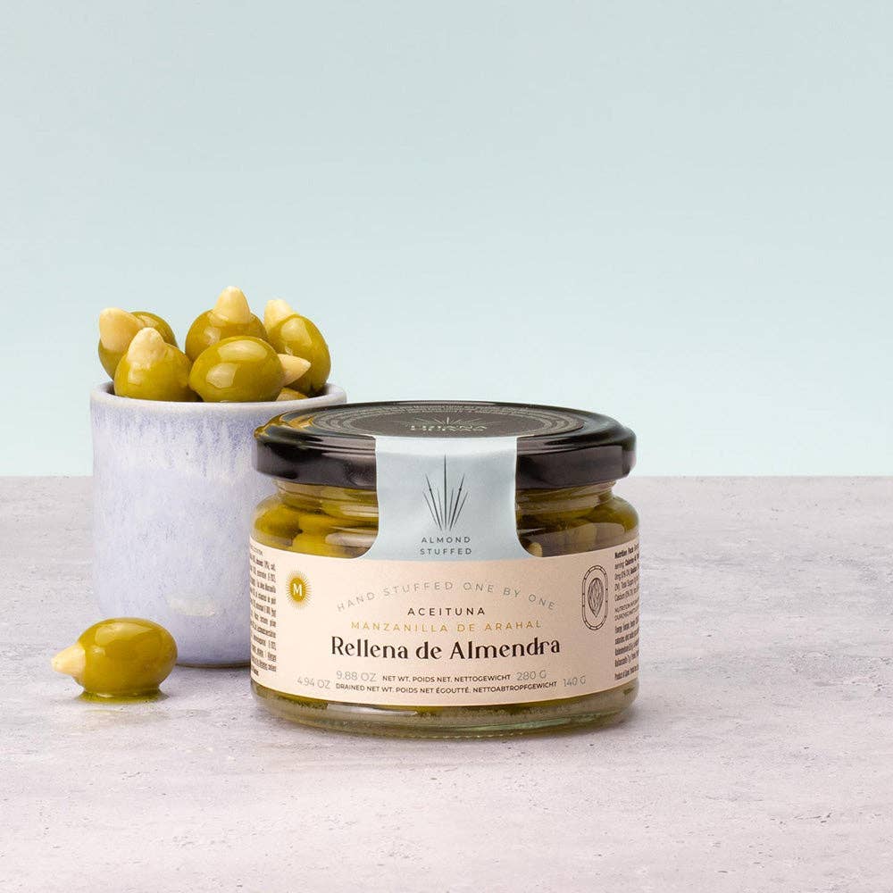 Triana Olivas. Manzanilla Olives Stuffed with Almonds - The Spanish Table