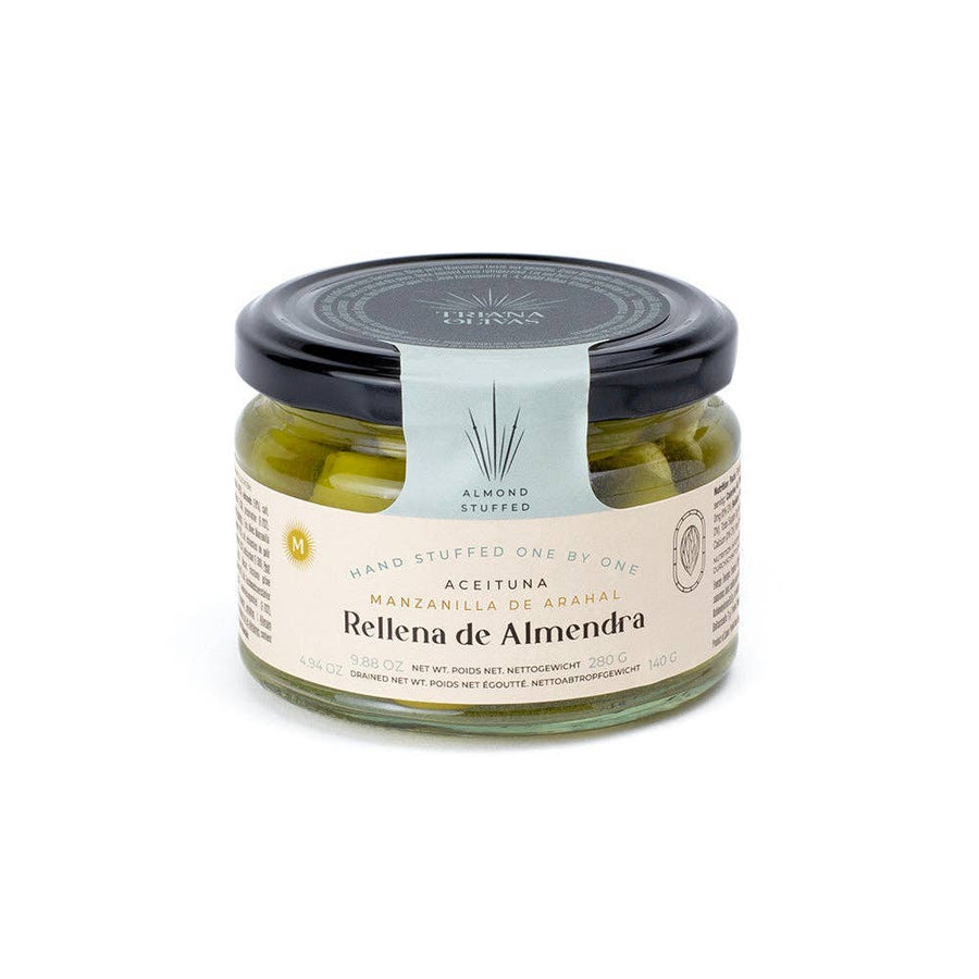Triana Olivas. Manzanilla Olives Stuffed with Almonds - The Spanish Table