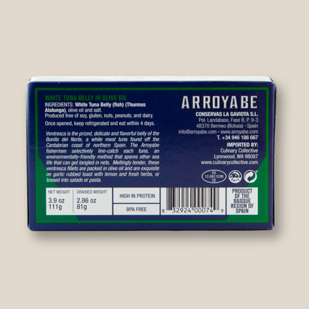Arroyabe Ventresca - Tuna Belly In Olive Oil, 111Gr/3.9 Oz Tin - The Spanish Table