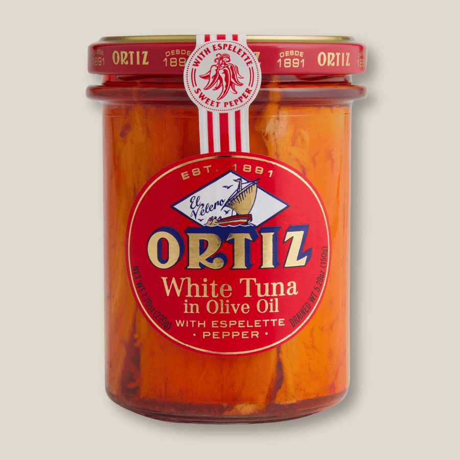 Ortiz White Tuna In Olive Oil w/ Espelette (Bonito Del Norte c/Espelette) 220g Jar - The Spanish Table